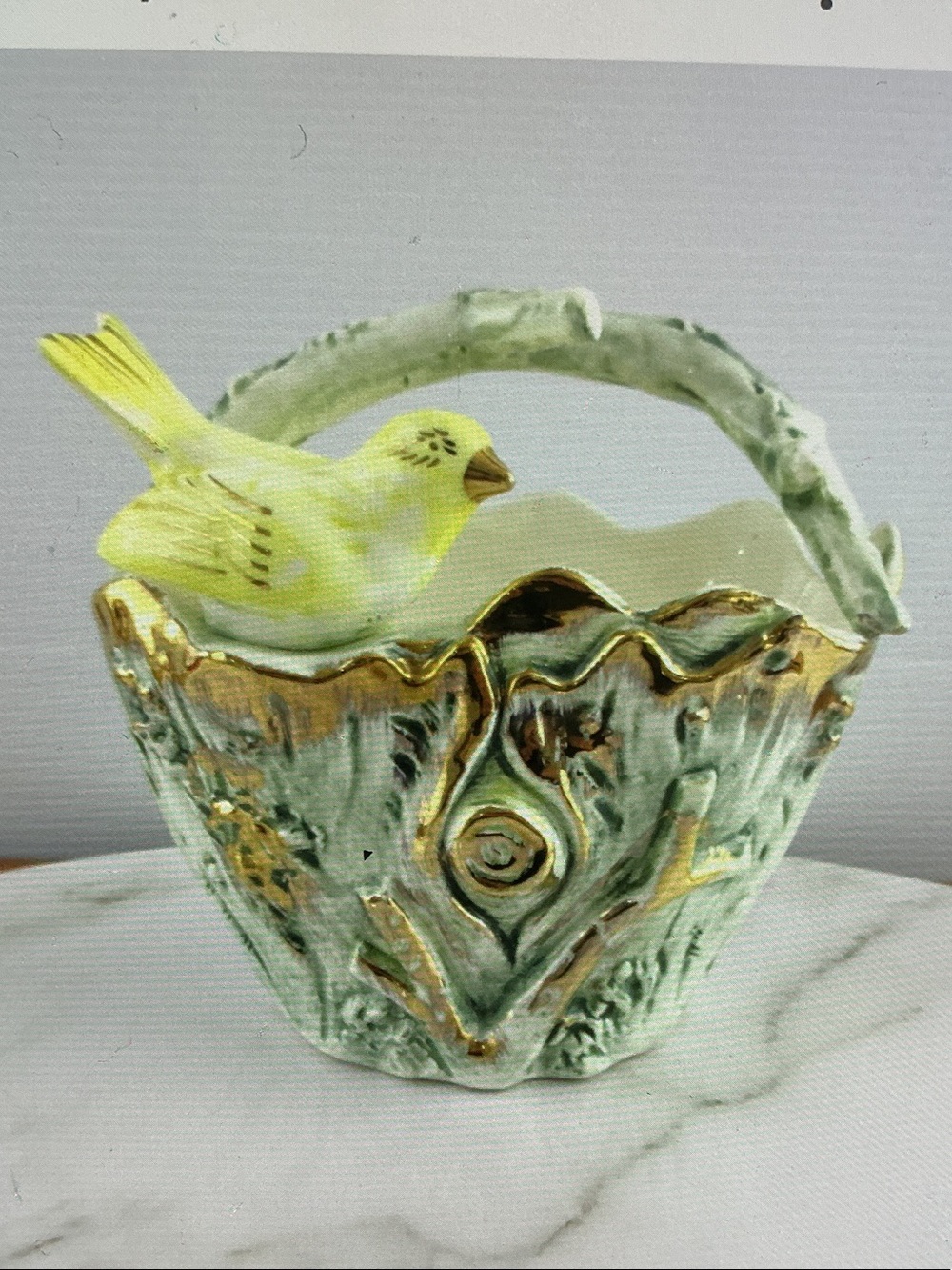 Vintage Ceramic Basket with Bird w/ Gold Accent Japan